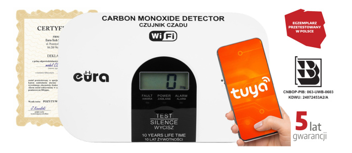 CZUJNIK CZADU WiFi ''EURA'' CD-53A2v5300-TY/B - certyfikat CNBOP-PiB - wyrób budowlany, DC 3V (2x LR6), LCD, 5 lat gwarancji, test 300 ppm, app Tuya